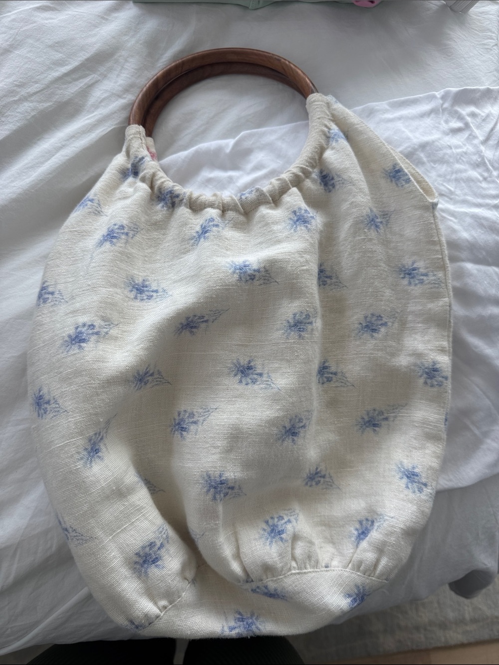 Wood-Handle Cream Linen Tote with Blue Floral Print reversible pink